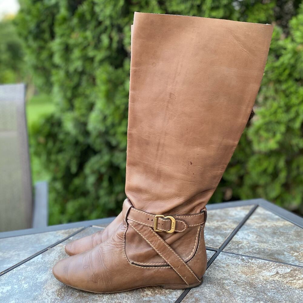 Chloe Light Brown Knee High Leather Riding Boots Mid Calf EU 37/7 Buckle